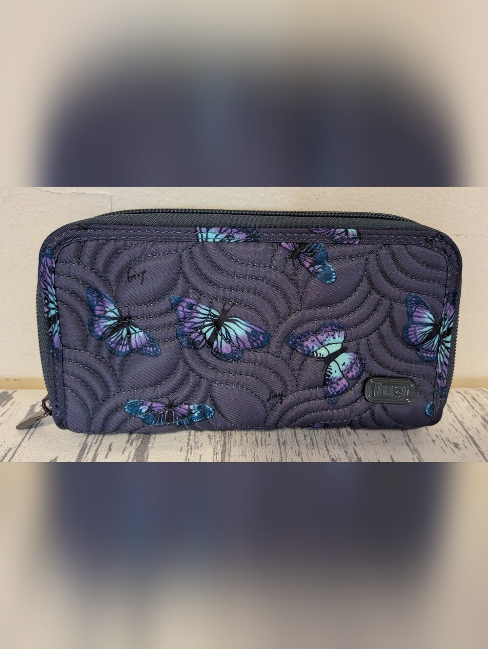 Lug Splits XL Navy and Purple Butterfly Wallet Like New